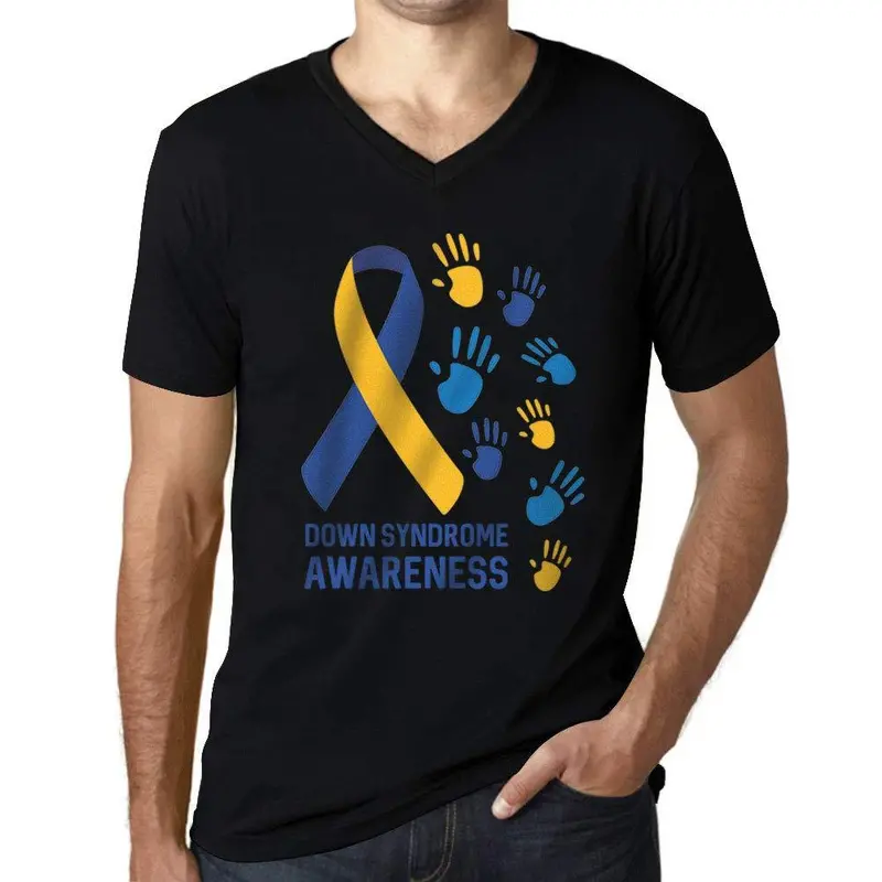 Homme Graphique Col V Tee Shirt Down Syndrome Awareness Noir Profond 1
