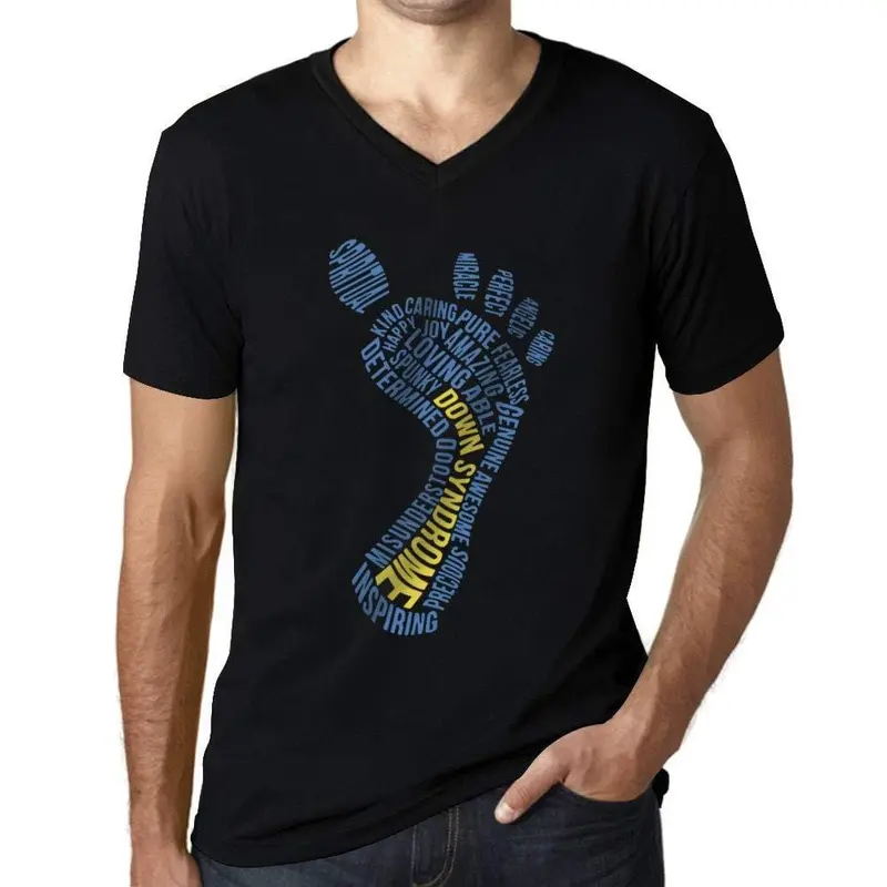 Homme Graphique Col V Tee Shirt Down Syndrome Footprint Noir Profond 1