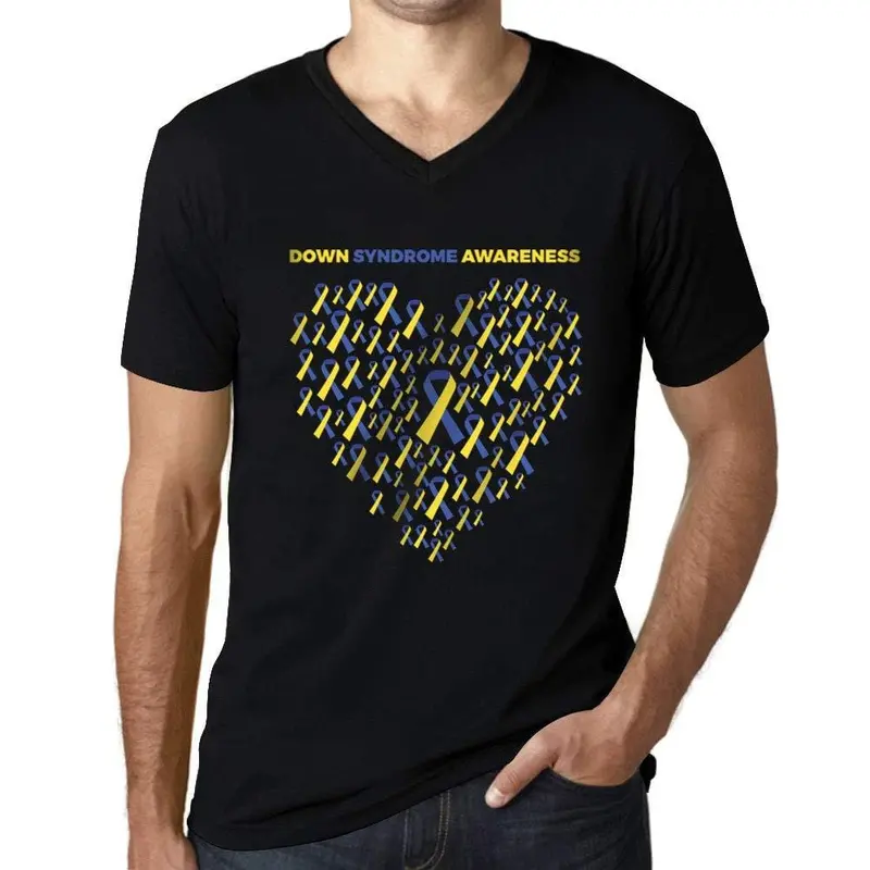 Homme Graphique Col V Tee Shirt Down Syndrome Heart Noir Profond 1