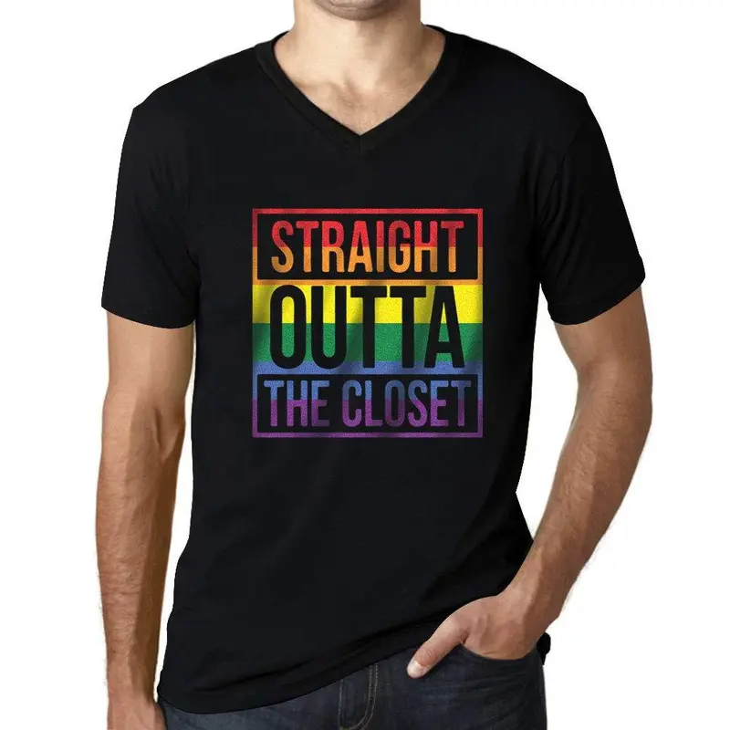Homme Graphique Col V Tee Shirt Lgbt Straight Outta The Closet Noir Profond 1