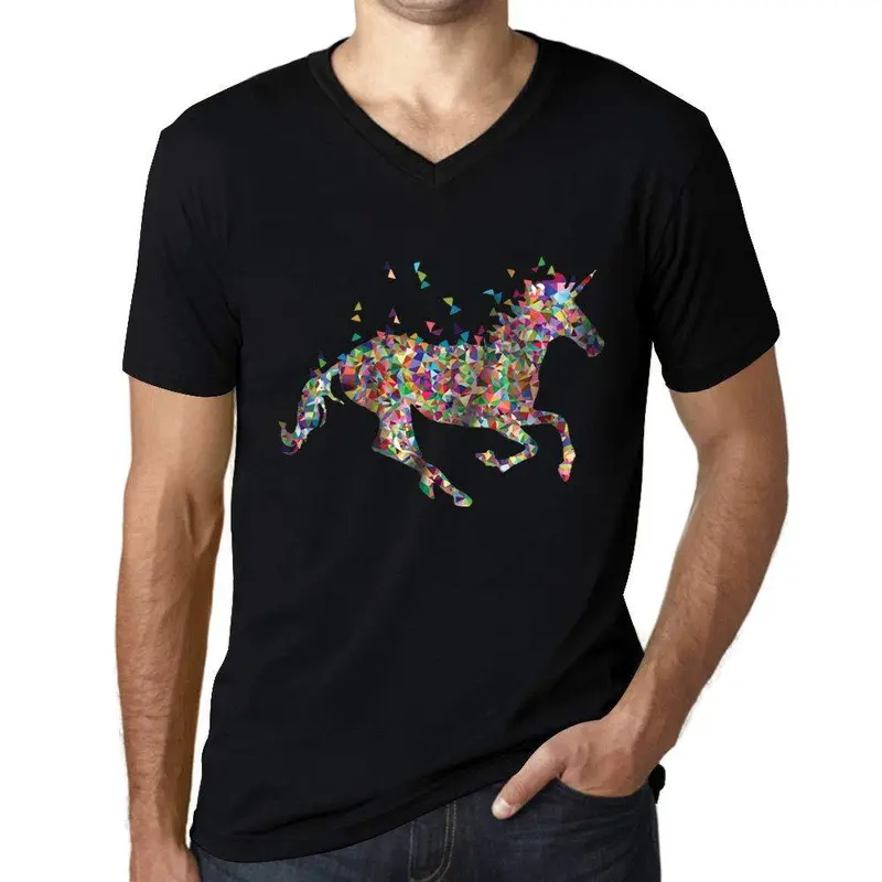 Homme Graphique Col V Tee Shirt Multicolor Unicorn Noir Profond 1