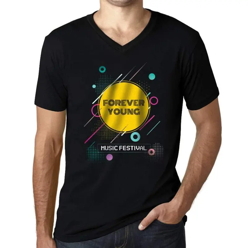 Homme T-Shirt Graphique V Tee Shirt Music Fest Forever Young Noir Profond 1