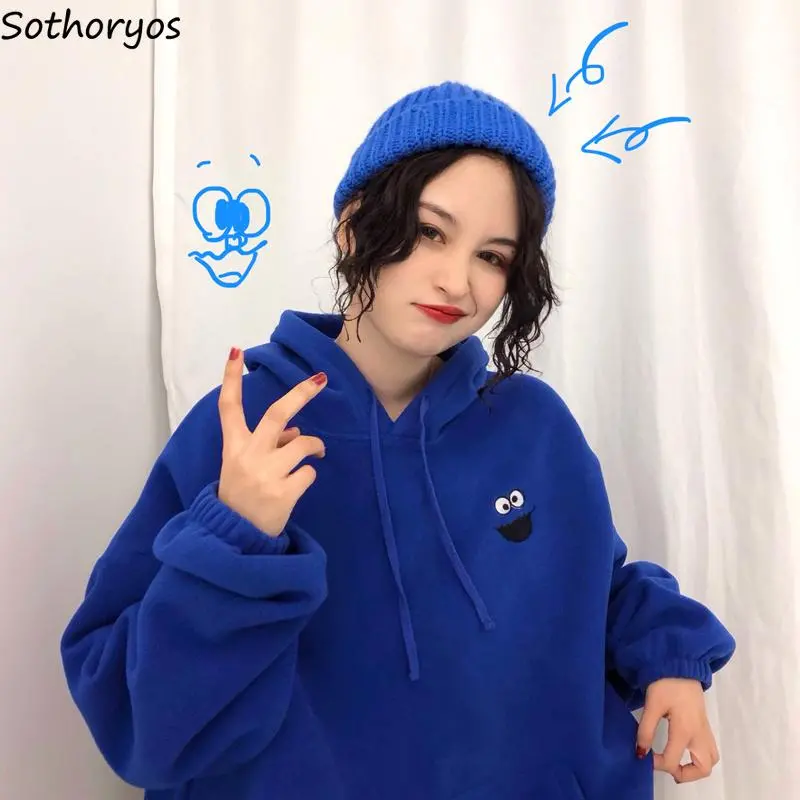 Hoodies Women Pockets Embroidered Cartoon Trendy Cute Female Loose Bfplus Velvet Womens Long Sleeve All-Match Lovely Streetwear 1