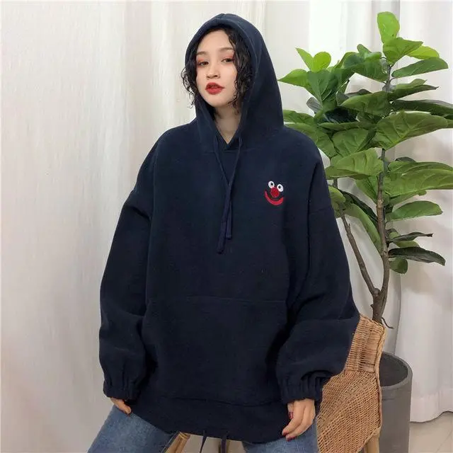 Hoodies Women Pockets Embroidered Cartoon Trendy Cute Female Loose Bfplus Velvet Womens Long Sleeve All-Match Lovely Streetwear 4