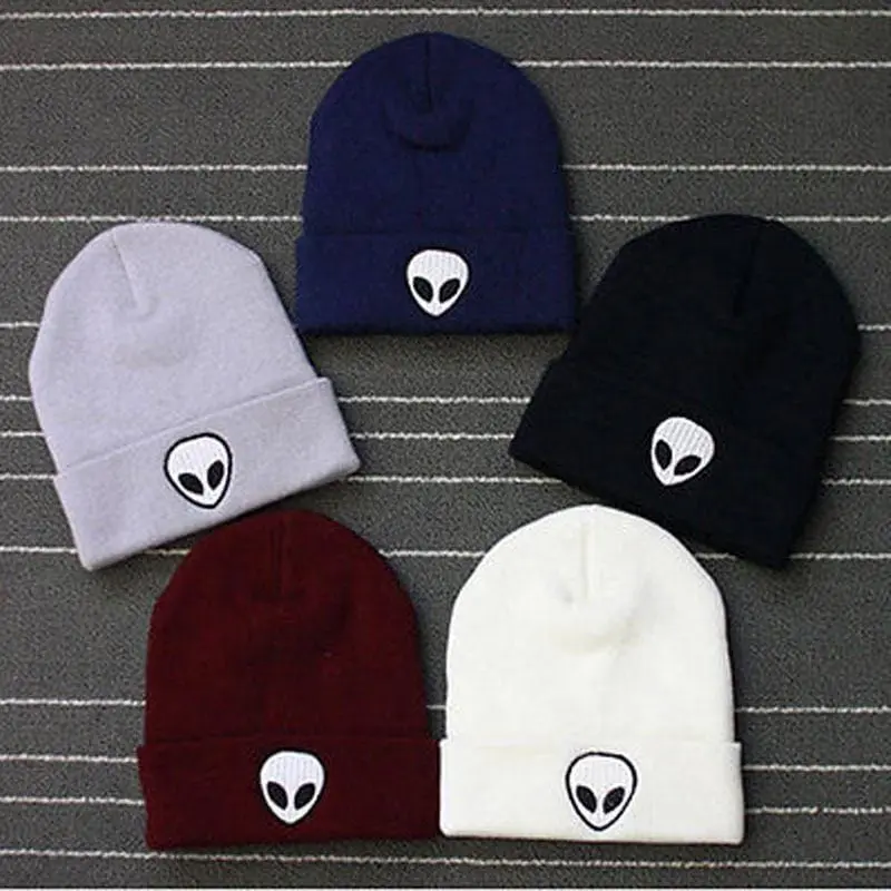 Hot Sale Embroidery Alien Hat Winter Men And Women Cuff Hats Soft Solid Beanies Hip Hop Unisex Warm Knitted Caps Gorros De Lana 1