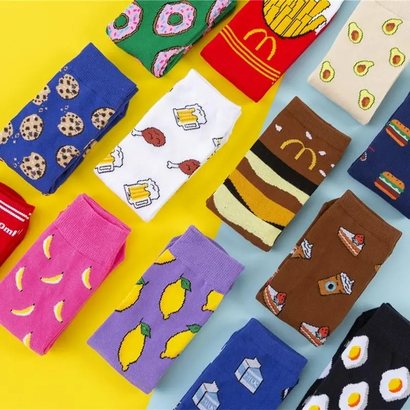 Hot Sales Funny Socks Women Casual Cartoon Fruit Banana Avocado Lemon Egg Cookie Donuts Happy Japanese Harajuku Skateboard Socks 1