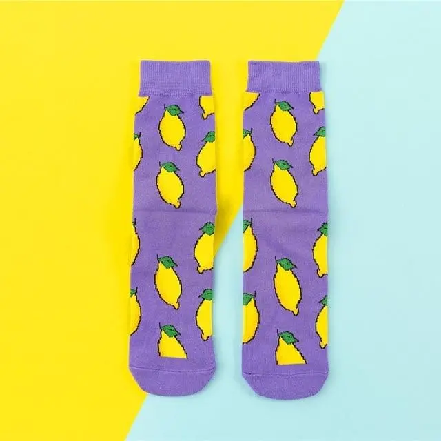 Hot Sales Funny Socks Women Casual Cartoon Fruit Banana Avocado Lemon Egg Cookie Donuts Happy Japanese Harajuku Skateboard Socks 12