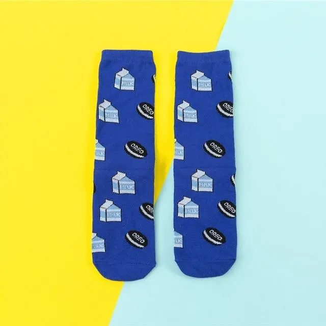 Hot Sales Funny Socks Women Casual Cartoon Fruit Banana Avocado Lemon Egg Cookie Donuts Happy Japanese Harajuku Skateboard Socks 12