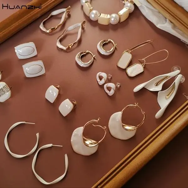 Huanzhi 2019 White Geometric Round Square Irregular Hollow Pearlescent Starry Sky Calla Lily Enamel Earrings For Women Girls 1