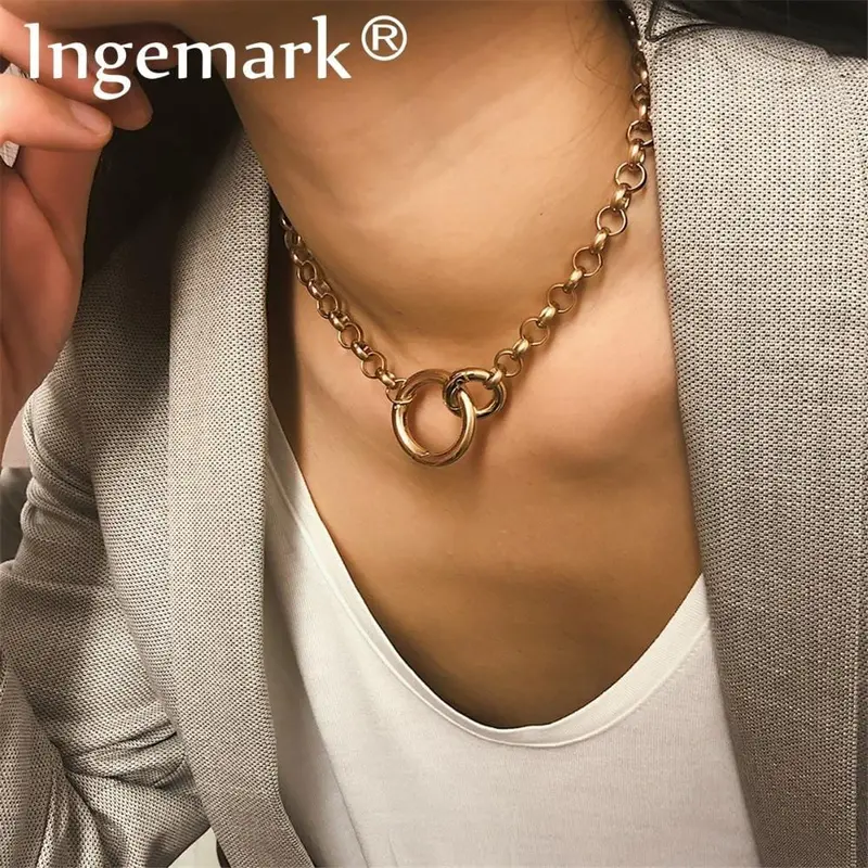 Ingemark Punk Miami Cuban Choker Necklace Hip Hop Jewelry 2019 Trendy Iron Thick Chain Circle Necklace Women Neck Accessories 1