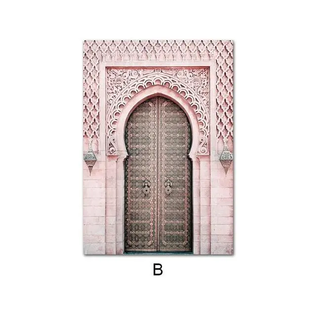Islamic Floral Wall Art – Pink Flower & Old Gate Canvas Print with Subtle Nordic Aesthetic
