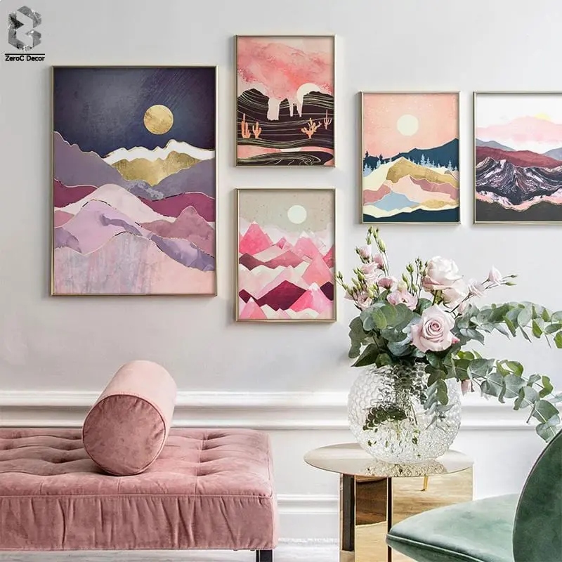 Japanese Cherry Blossom Tones Landscape Posters Pink Sunrise Mountain Wall Art Print Pictures For Girls Room Decoration Maison 1
