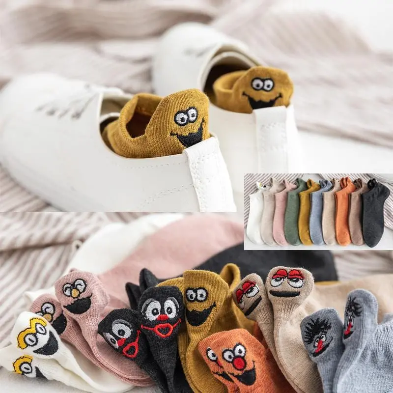 Kawaii Embroidered Expression Women Socks Cotton Harajuku Happy Funny Socks Women Christmas Gifts Ankle 1 Pair Size 35-40 1