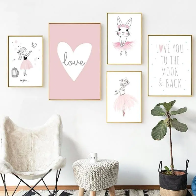 Kids Room Poster Pink Rabbit Children Poster Baby Girl Room Decor Wall Art Canvas Painting Nursery Prints Ballet Bedroom Picture 1