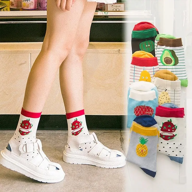 Korean Women's Fashion Fruit Socks Casual Cotton Avocado Watermelon Avocado Pattern Harajuku Style Socks Happy Girl Socks 1