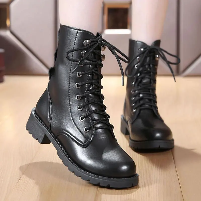 Leather Boots Women Ankle Boots Motocycle Boots Female Shoes Autumn Lace Up Winter Motorcycle Boots 2019 New British Style 1