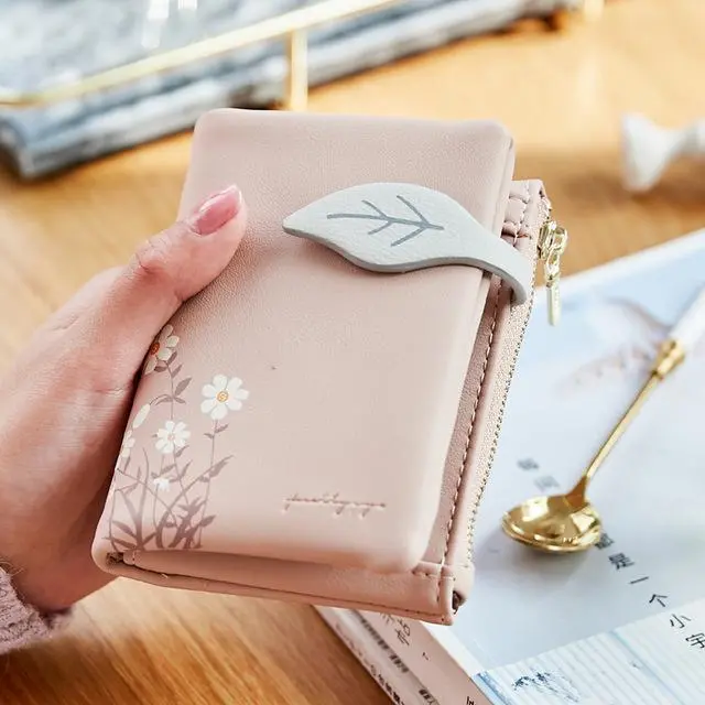 Leaves Small Wallet Women Hasp Zipper Purse Soft Pu Leather Ladies Wallet Card Holder Mini Girl Purse Clutch 3