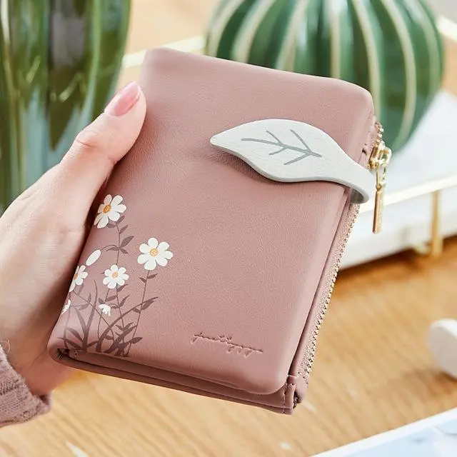 Leaves Small Wallet Women Hasp Zipper Purse Soft Pu Leather Ladies Wallet Card Holder Mini Girl Purse Clutch 5