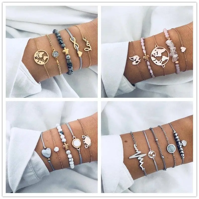 Lwmmd 5Pcs/Set Bohemian Love Charm Bracelets Bangles For Women Fashion Gold Color Strand Bracelets Sets Jewelry Bohemian 1