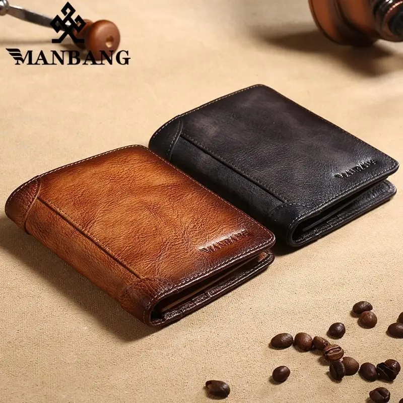 Manbang 2020 New 100% Genuine Leather Men Wallet Small Mini Card Holder Male Walet Pocket Retro Purse High Quatily 1