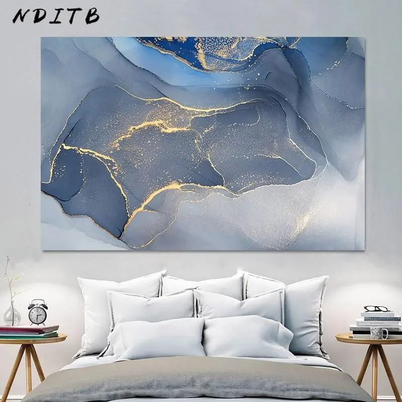 Marble Texture Abstract Poster Gold Blue Wall Art Print Modern Style Canvas Ink Painting Nordic Decorative Picture Home Decor 1
