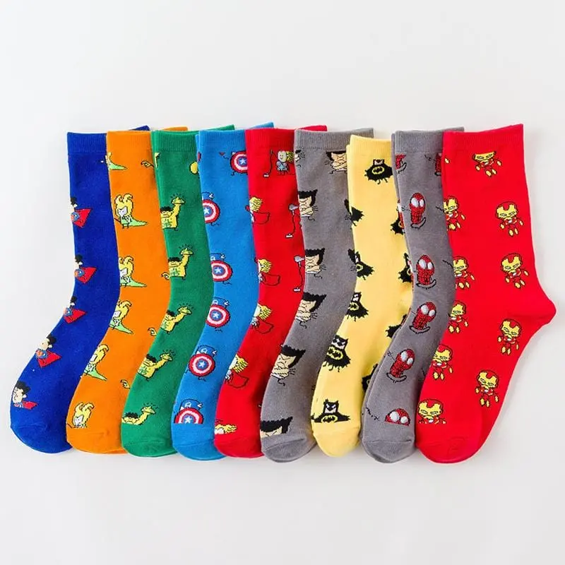 Men Socks Marvel Novel Comics Avenger Captain America Cartoon Socks Batman Superman Iron Man Hulk Socks Women Cotton Couple Sox 1