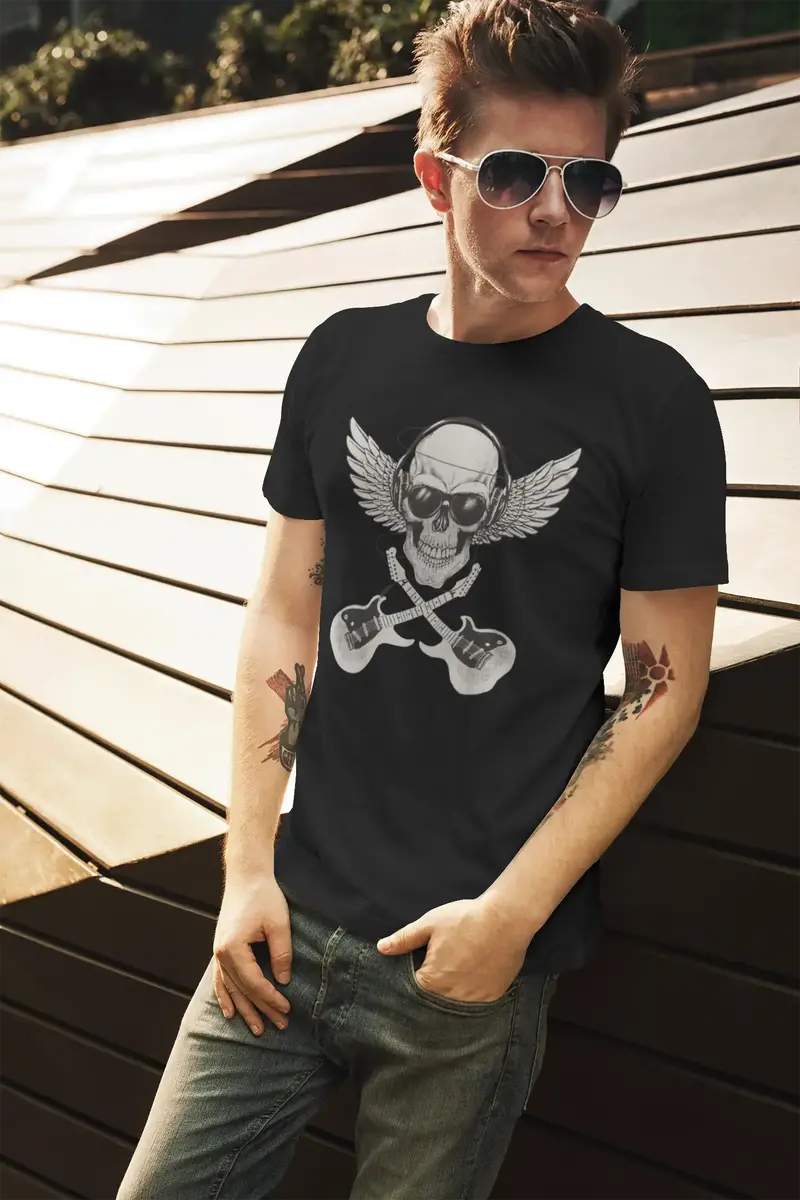Men’S Graphic T-Shirt Swag Music Rock Skull With Headphones Deep Black Gift Idea 1