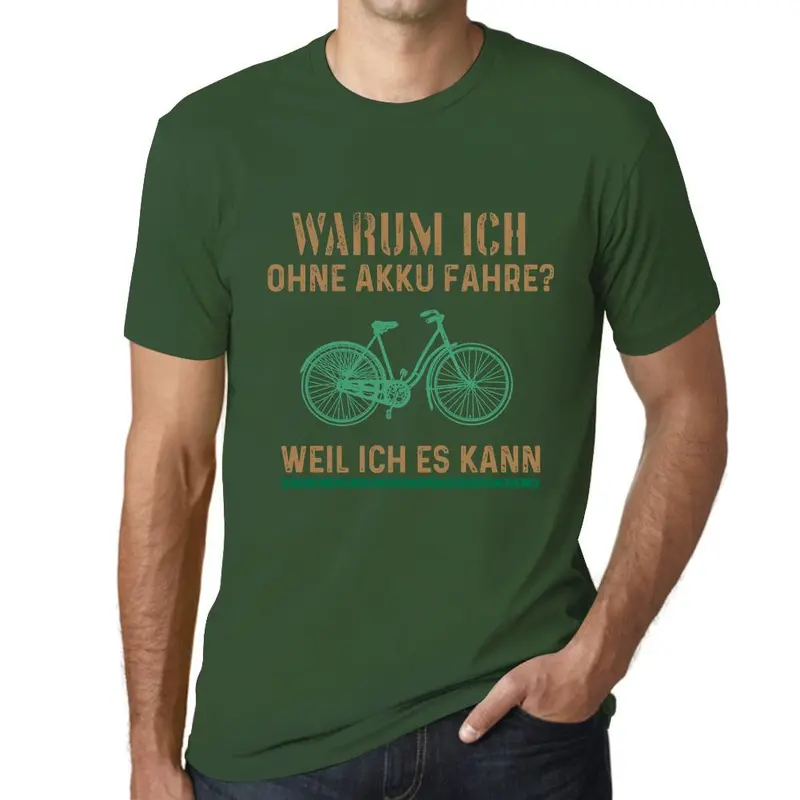 Men’s Military Green Tech-Humor Tee: ‘Why I Ride Without a Battery’