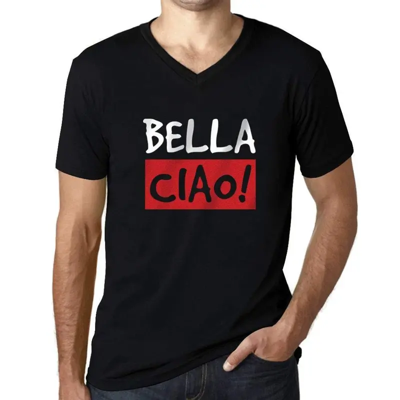 Men's Vintage Tee Shirt Graphic V-Neck T Shirt Bella Ciao Noir Profond 1