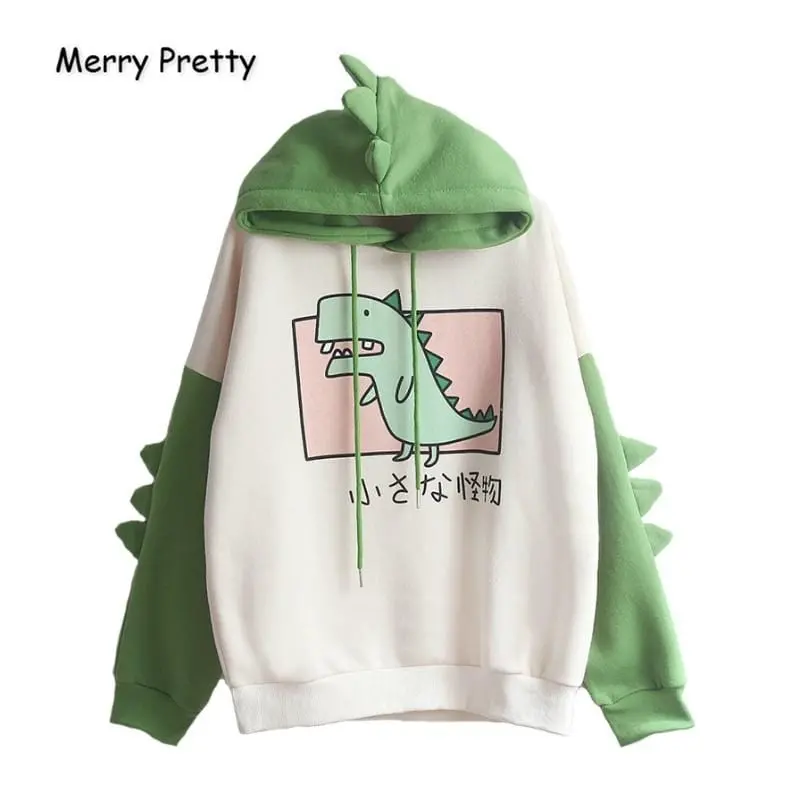 Merry Pretty Women Dinosaur Sweatshirts Hooded Warm Fleece Hoodies Pullovers With Horns Harajuku Hooded Girls Teens Green Hoodie 1