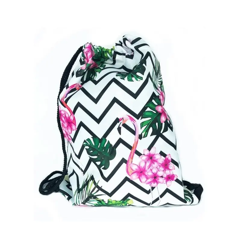 Mochila De Cuerdas Para Mujer, Color Verde Con Estampado De Piñas Y Flores, 100% Poliéster. 1