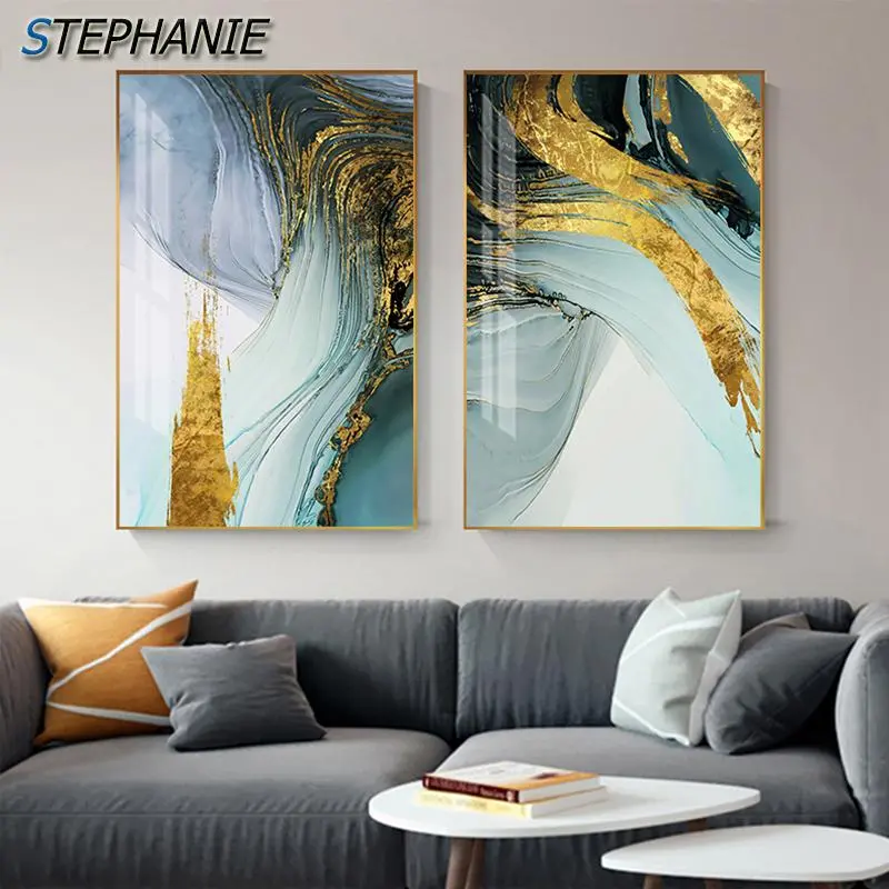 Modern Abstract Green Gold Foil Canvas Art Fashion Blue Poster And Print Wall Picture For Living Room Stylish Cuadro Decorativo 1