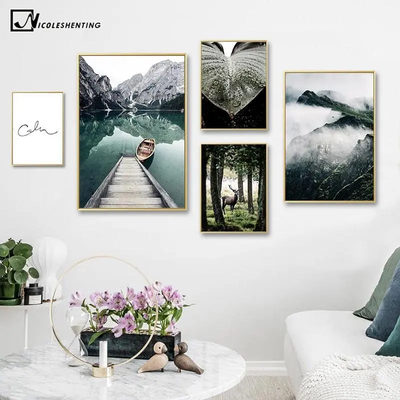 Mountain Lake Reflection Picture Nature Scenery Scandinavian Poster Nordic Decoration Print Landscape Wall Art Canvas Painting 1