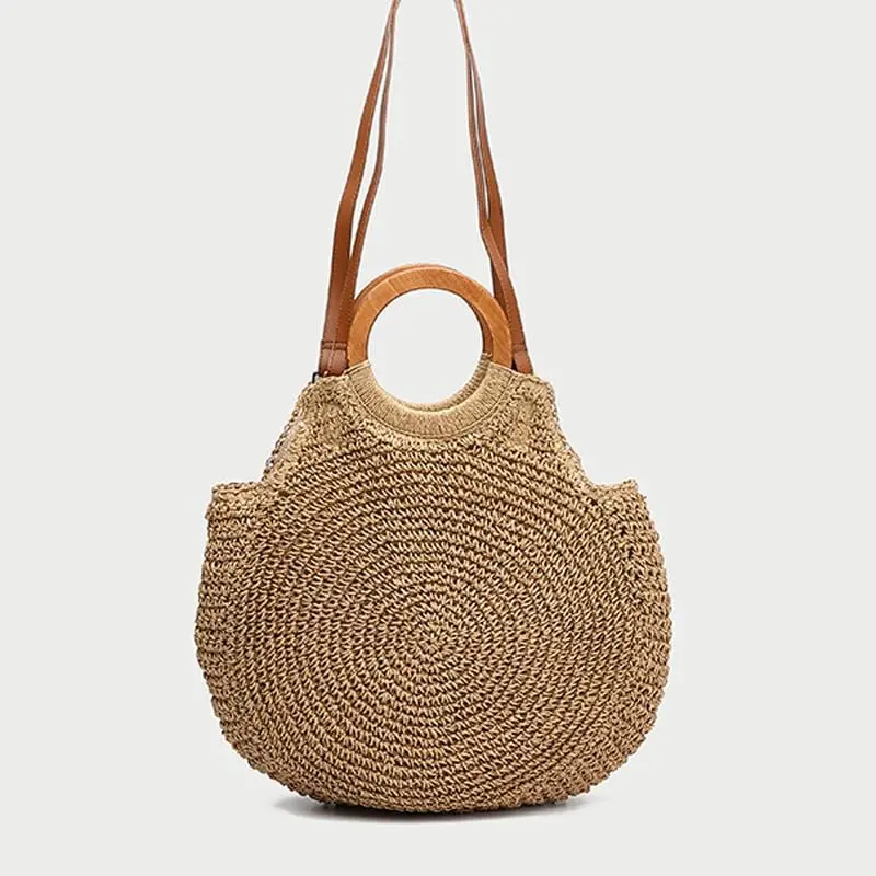 New 2020 Women's Woven Bag Wooden Handle Straw Shoulder Bags Round Large-Capacity Beach Travel Handbag Crossbody Bag 1