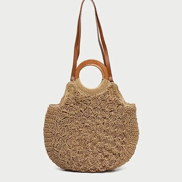 New 2020 Women's Woven Bag Wooden Handle Straw Shoulder Bags Round Large-Capacity Beach Travel Handbag Crossbody Bag 2
