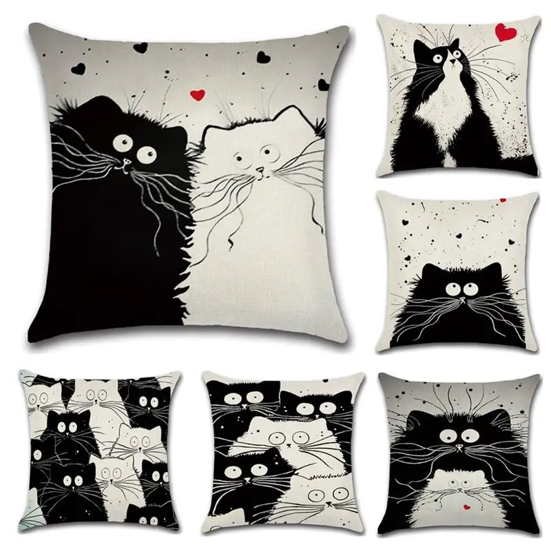New Cartoon Cat Linen Cushion Cover 45X45cm Pillow Case Home Decorative Pillows Cover For Sofa Car Cojines 1