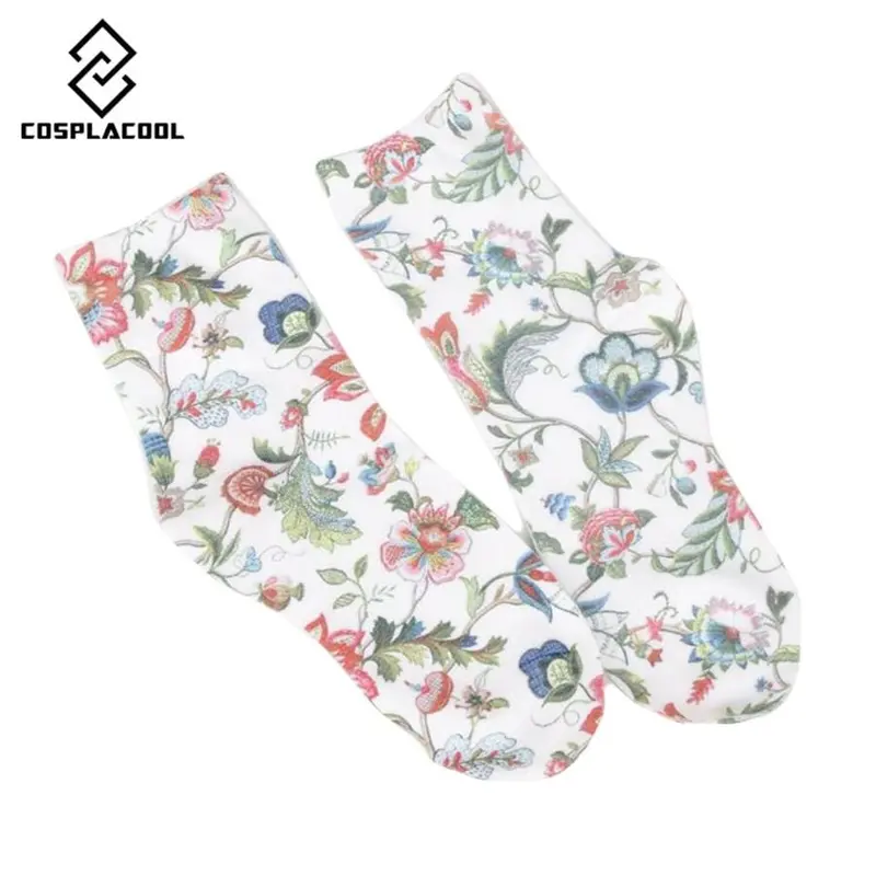 New! Spring Fall/Winter Socks Women's High Quality Retro Fashion Flower Printing Cotton Female Socks 5 Color Meias 1