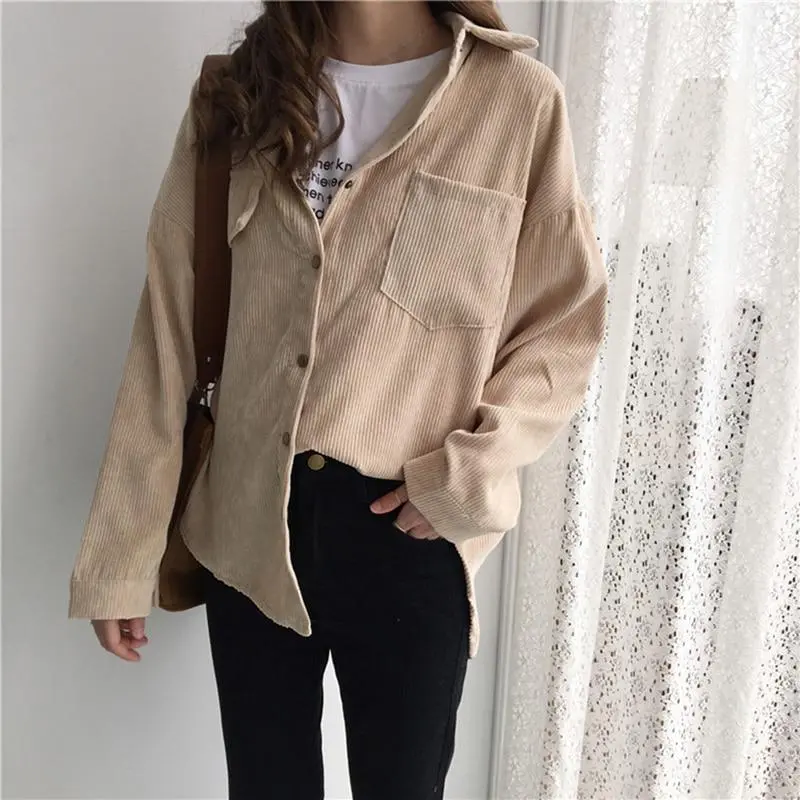 New Vintage Long Sleeve Shirts Spring And Autumn Women Solid Batwing Sleeve Blouse Warm Corduroy Blouses Women Tops 1