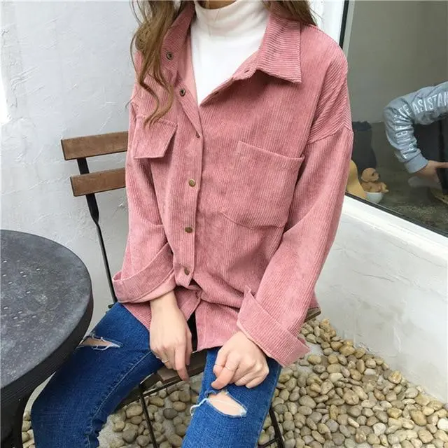 New Vintage Long Sleeve Shirts Spring And Autumn Women Solid Batwing Sleeve Blouse Warm Corduroy Blouses Women Tops 2