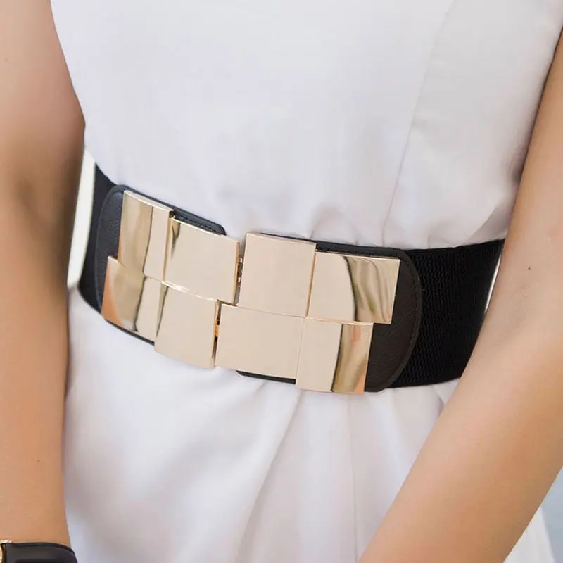 New Women Elastic Waist Closure Wide Belt Gold Square Buckle Dress Decorative Belt Female Self - Cultivation Elastic Band Girdle 1
