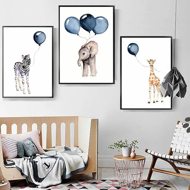 Nordic Cartoon Baby Animals Canvas Paintings Nursery Blue Balloon Art Poster Zebra Elephant Print Wall Pictures Kids Room Decor 1