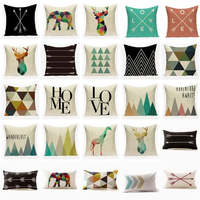 Nordic Geometric Cushion Covers Arrows Deer Elk Sofa Decorative Cushions Pillow Cover 45*45 Linen Beige Pillow Case Funda Cojín 1