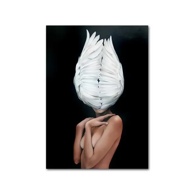 Nordic-Inspired Nude Figure Canvas Print with Feather Motif – Sophisticated Bedroom or Living Room Art