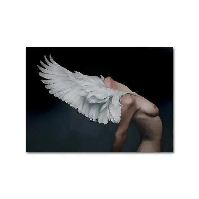 Nordic-Inspired Nude Figure Canvas Print with Feather Motif – Sophisticated Bedroom or Living Room Art