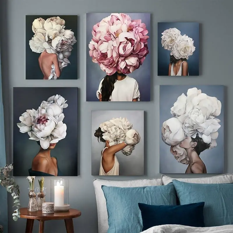 Nordic Modern Floral Feather Woman Abstract Fashion Style Canvas Painting Art Print Poster Picture Wall Living Room Home Decor 1