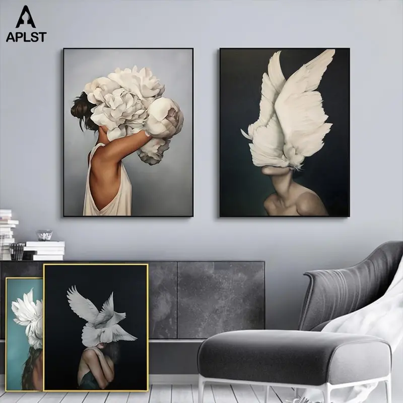 Nude Naked Women Feather Posters And Prints Nordic Figure Canvas Painting Girls Wall Art Flower Pictures For Living Room Bedroom 1