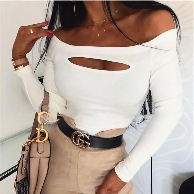 Off-Shoulder Long Sleeve Bandage Tee for Women – Elegant Stretch Party Top & Streetwear Fashion