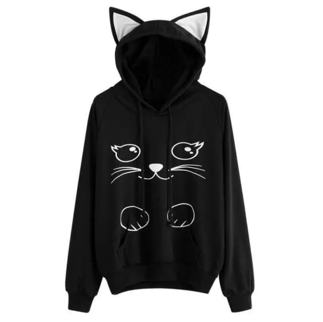 Oversized Kawaii Cat Hoodie for Women – Korean Streetwear Sweatshirt with Kangaroo Pocket & Hood