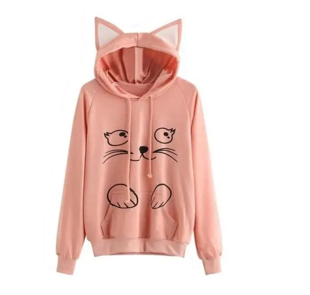 Oversized Kawaii Cat Hoodie for Women – Korean Streetwear Sweatshirt with Kangaroo Pocket & Hood