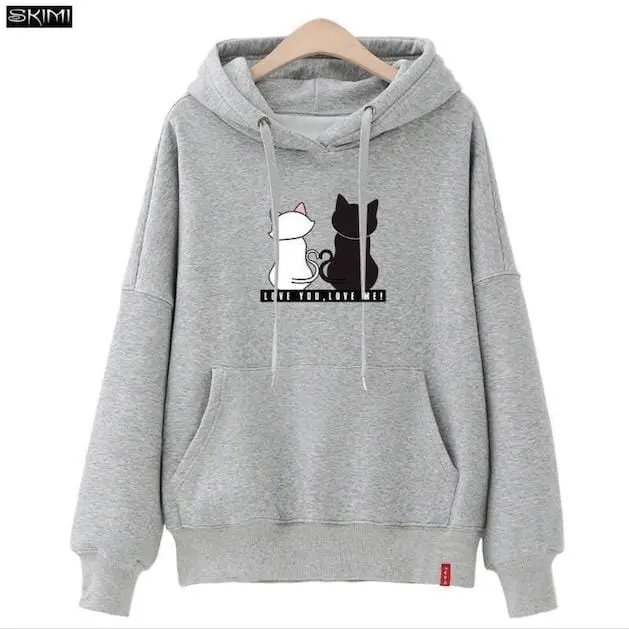 Oversized Kawaii Cat Hoodie for Women – Korean Streetwear Sweatshirt with Kangaroo Pocket & Hood